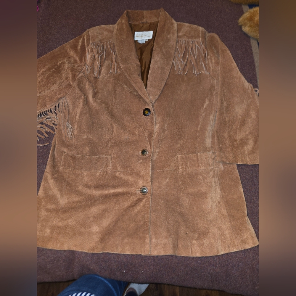 Roaman's Brown Suede Leather Jacket with Fringe - Picture 8 of 15
